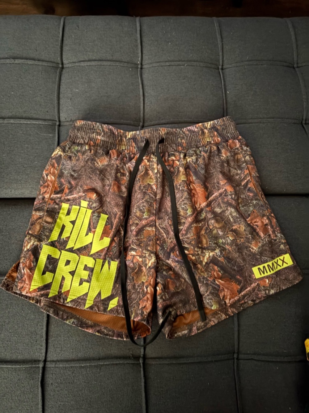 KILL CREW Brown Camo Athletic Shorts with Neon Green Logo
